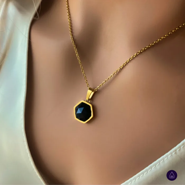 Black Agate Crystal Necklace Hexagon Amulet 18k