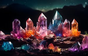 Crystals placed on a windowsill under moonlight