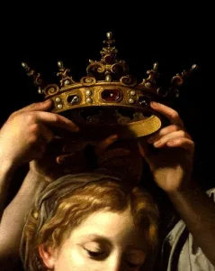 Renaissance painting of a monarch wearing a crystal crown