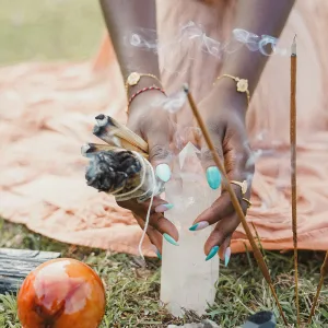 Crystals being cleansed and charged under moonlight