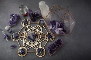 A beautifully arranged crystal grid with various energy crystals