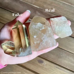 A side-by-side comparison of authentic and fake crystals