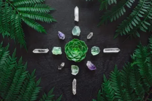 A crystal grid featuring various dark green crystals.