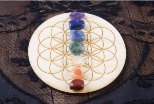 A heart chakra crystal grid with rose quartz in the center